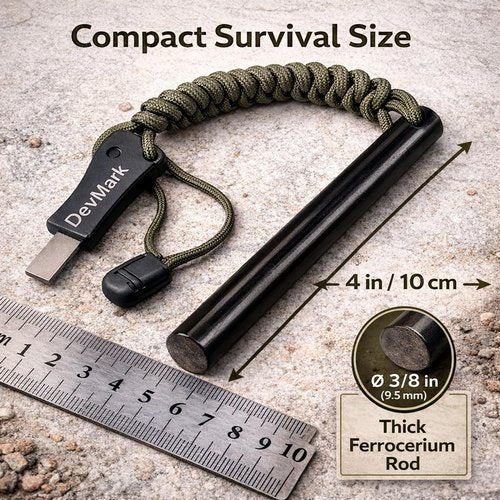 Devmark Ferrocerium Fire Starter with Paracord Lanyard and HSS Striker, 3/8" Long Ferro Rod Fire Steel for for Camping, Bushcraft, Survival & Emergency Use