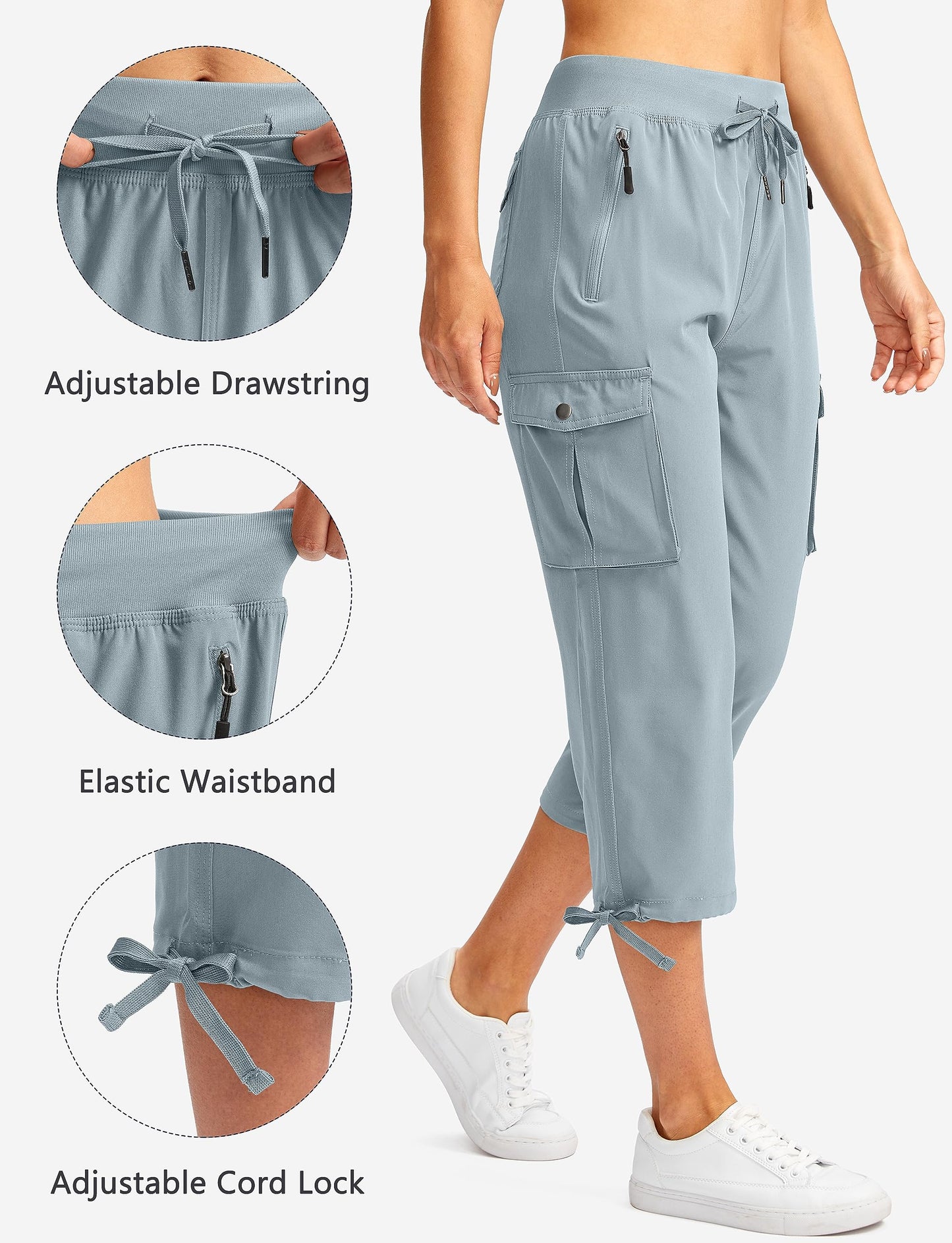 Soothfeel Women's Cargo Capris Pants with 6 Pockets Lightweight Quick Dry Travel Hiking Summer Pants for Women Casual (Light Grey, XXL)