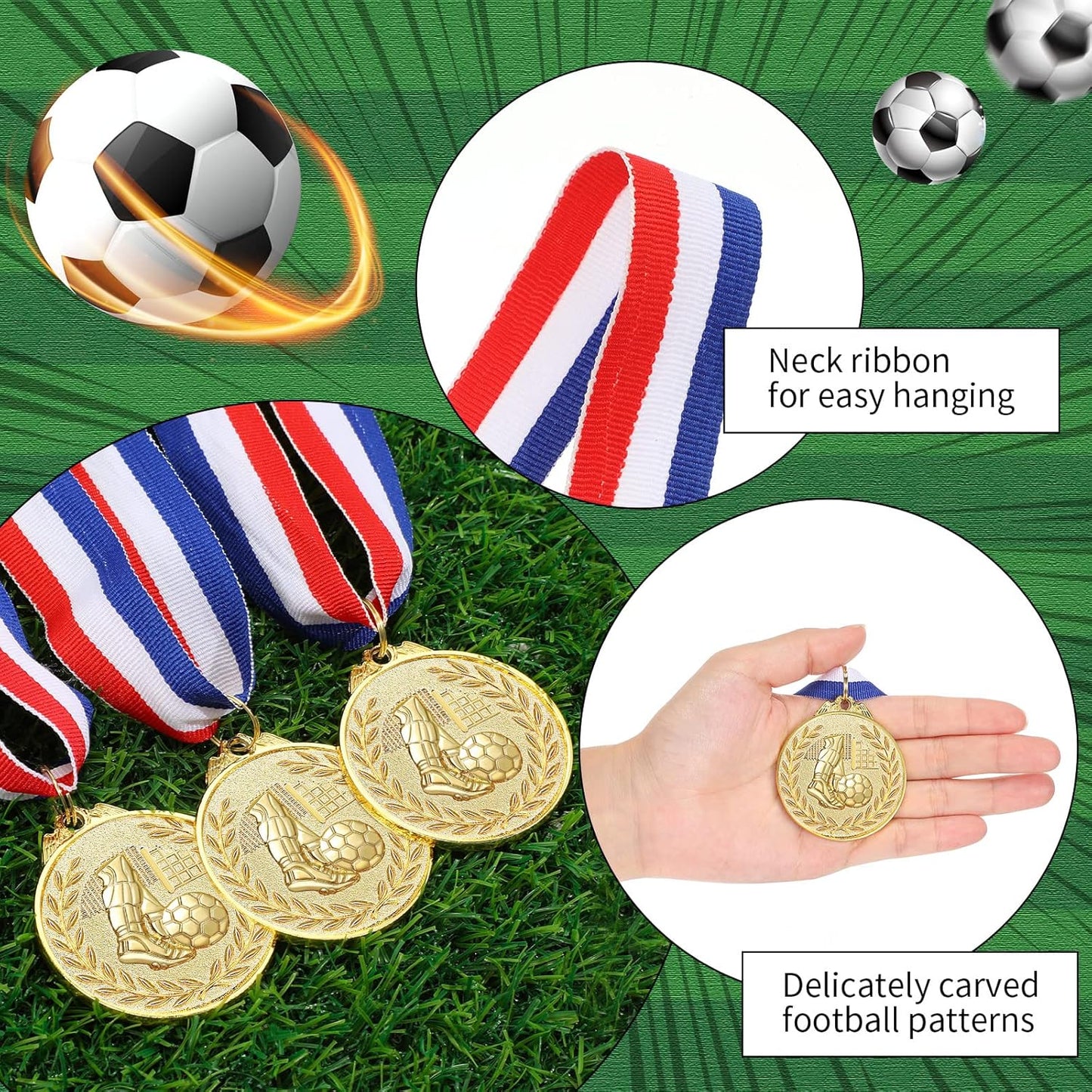 Yinkin Soccer Medals Set - 24 Gold Participation Trophies with Red, White & Blue Ribbons | Perfect for Sports Teams
