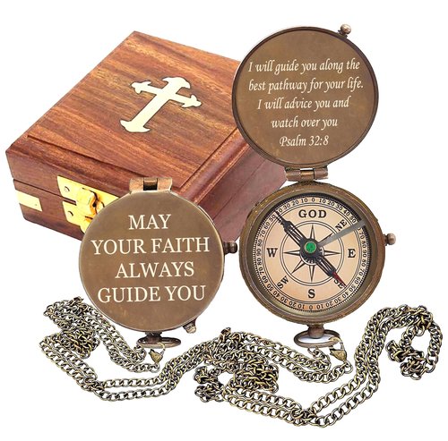 Engraved Compass - I Will Guide You - Psalm 32:8 Quote Handmade Working Compass with Scripture - Religious, Christian, Catholic, Christening, First Communion, Confirmation Gift