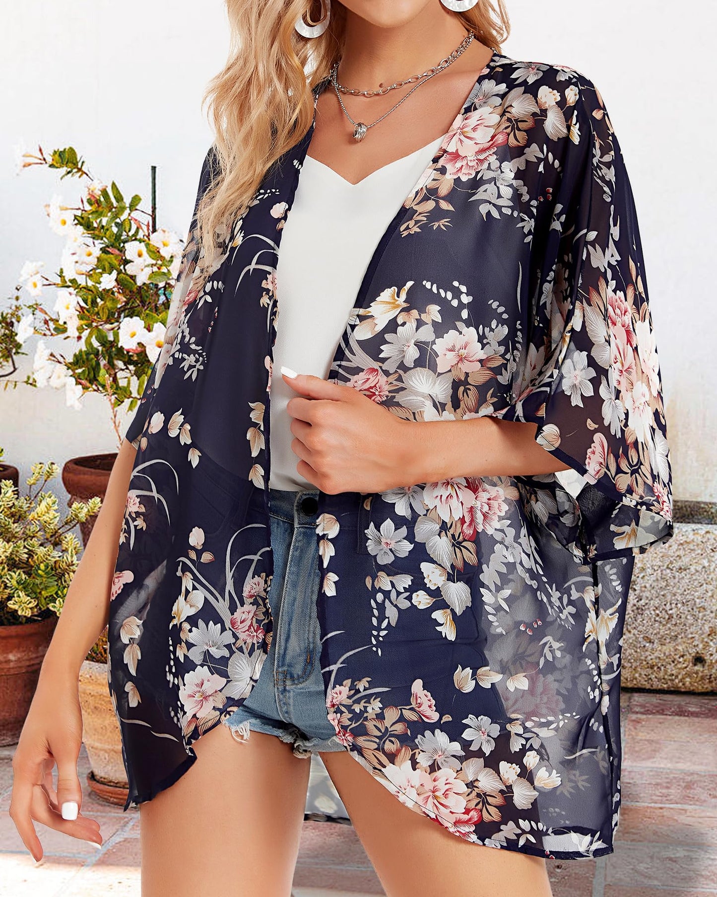 Kimono Cardigans for Women Floral Print 3/4 Sleeve Loose Cover Up Casual Blouse Tops (Navy Blue,M)