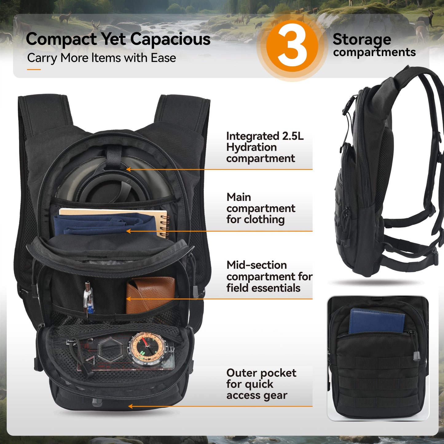 MARCHWAY Tactical Molle Hydration Pack with 2.5L TPU Water Bladder, Low-Profile Organized Military Backpack for Hiking, Cycling, Backpacking, Hunting, Running (Woodland Camo)