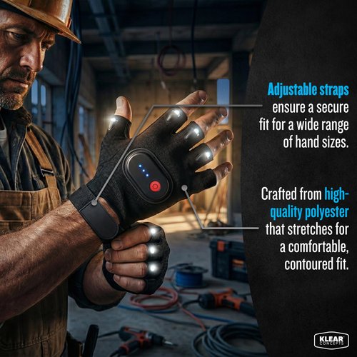 Klear Concepts 8-Light LED Flashlight Gloves for Men and Women, Open Palm Fingerless Gloves, Rechargeable Flashlight with 3 Modes, Work Light for Electricians, Fishing Tools, Camping Essentials