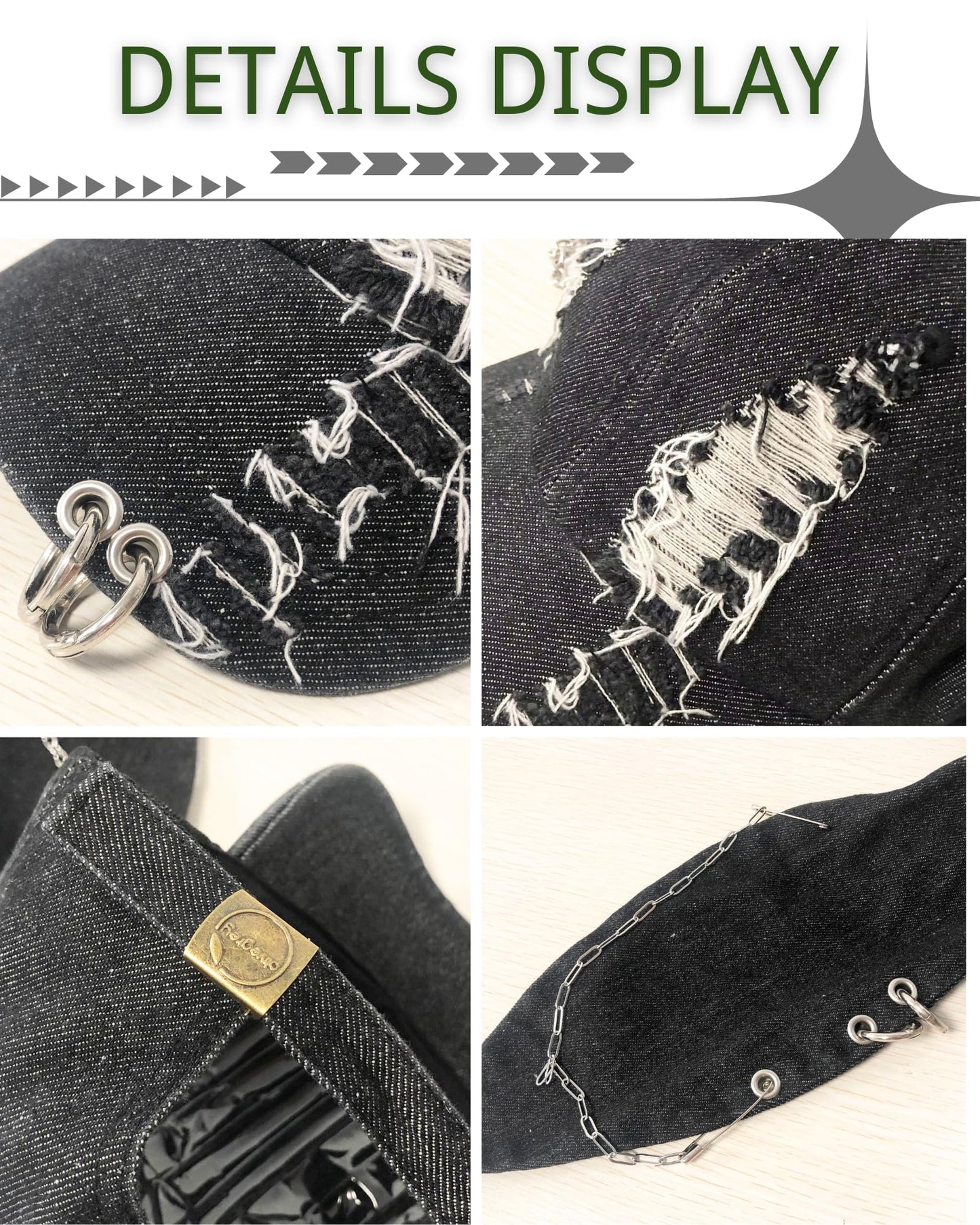 CORIRESHA Cute Bunny Hat with Ears Y2k Grunge Metal Iron Ring Chain Distressed Denim Baseball Cap