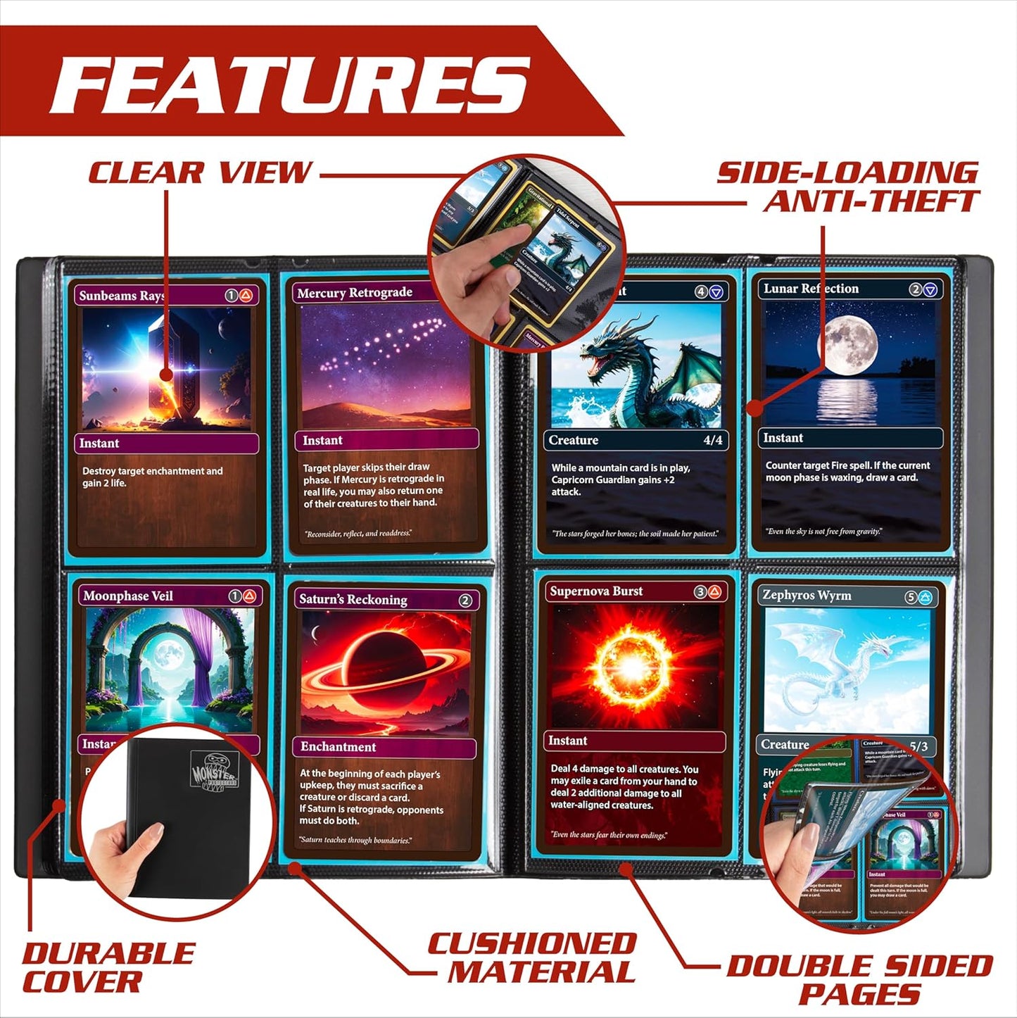 Monster Trading Card Album - Matte Black Anti-Theft Binder with Side Loading Pockets, Holds 160 Cards