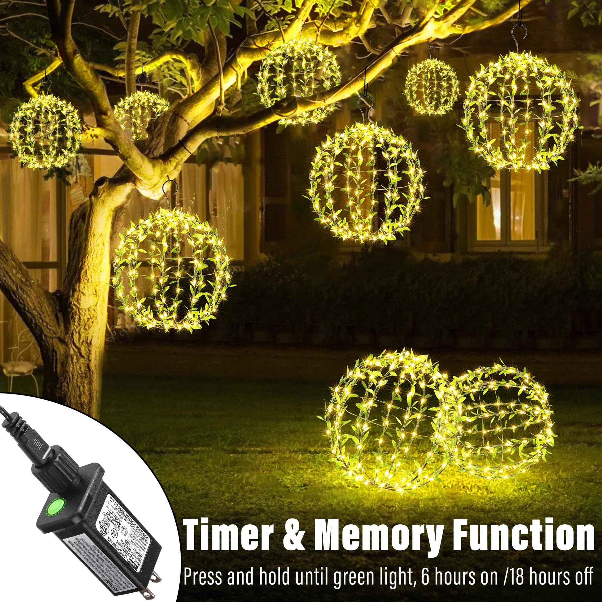 Flacchi Hanging Iron Sphere Lights with Artificial Greenery – 12Inch 120 LED Waterproof Outdoor/Indoor Decor Ball Light with Timer & 8 Modes – 2 Pack for Garden, Christmas, Weddings (Warm White)