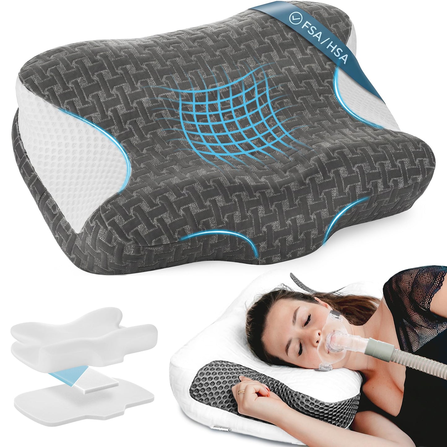 Elviros CPAP Pillow for Sleeping, HSA/FSA Ergonomic Adjustable Height Neck Support Memory Foam Bed Pillow for CPAP Users with Sleep Apnea, Suitable for Side and Back Sleepers