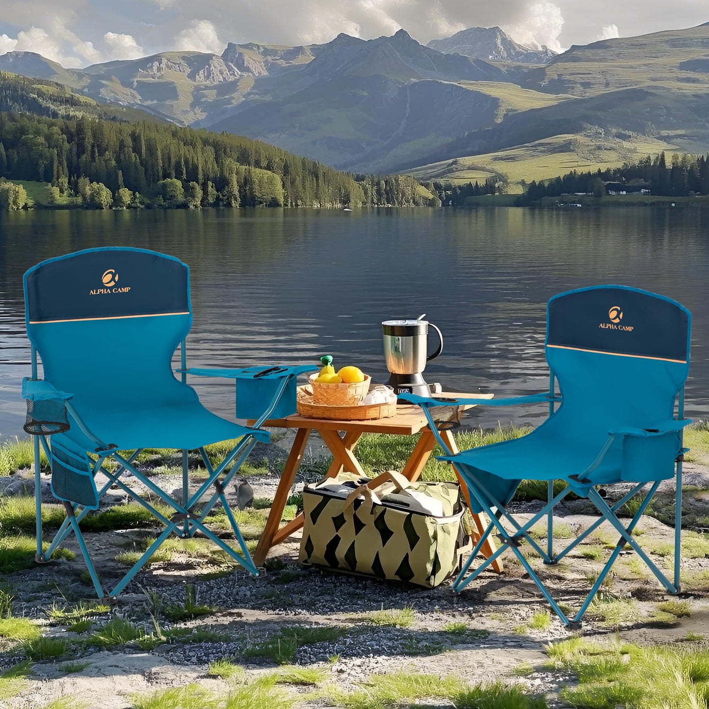 ALPHA CAMP Folding Camping Chairs for Adults Lawn Chairs Outdoor Chairs Support 250 LBS Portable Camp Chairs with Cup Holders Cooler Pouch for Outdoor, 2 Pack