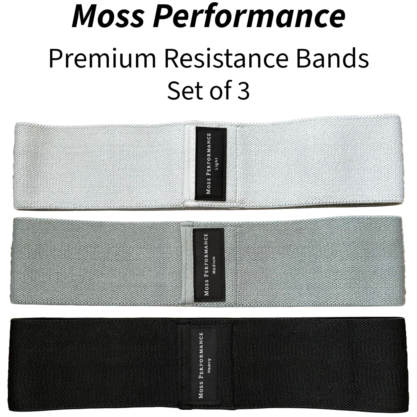 Moss Performance Premium Fabric Resistance Bands, Glute Bands, Set of 3 Resistance Strengths with Carrying Bag for Men & Women, Strength Training, Pilates, Physical Therapy, Home Exercise, & More