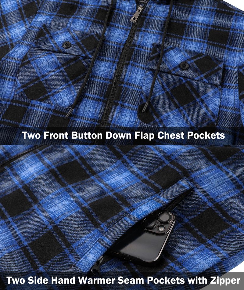 V VALANCH Men's Flannel Shirt Jacket with Hood Fleece Lined Plaid Jacket Zip Up Winter Warm Coat Black Blue XL