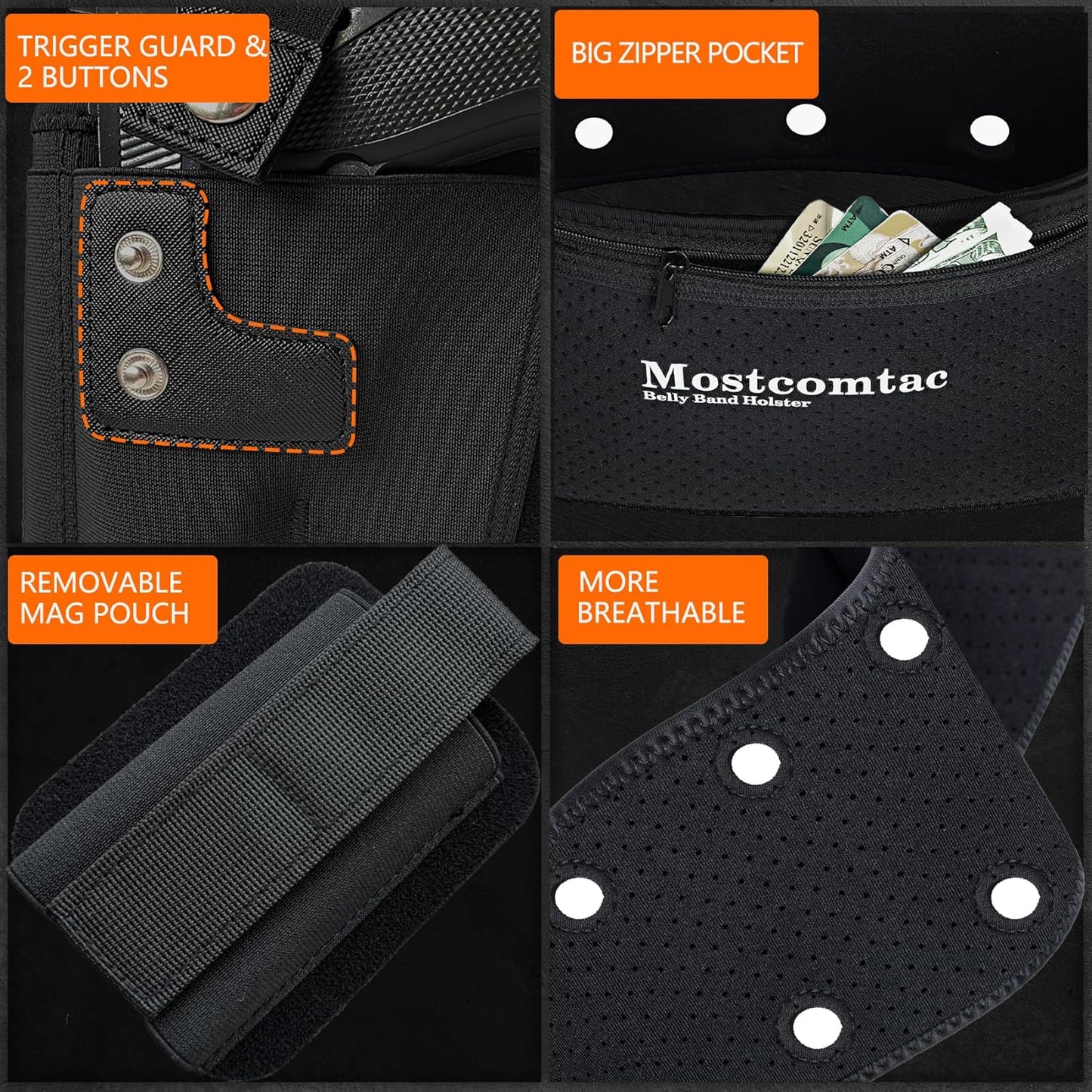 Mostcomtac Belly Band Holster - Comfortable Neoprene Gun Holster for Glock, Taurus, Ruger | Zip Pocket Feature