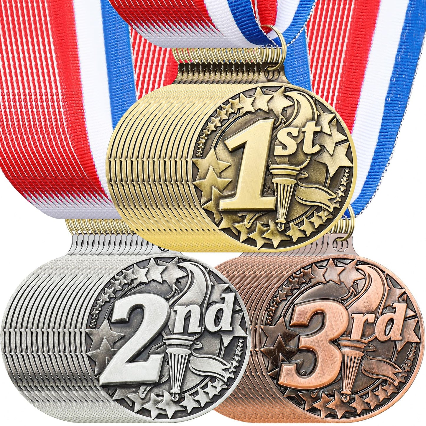 RoundFunny 24 Pcs Award Medals 1st 2nd 3rd Place Medals for Awards Winner Medal Gold Silver Bronze Medal with Neck Ribbon Trophy Award for Sports Competitions Party 2 Inches (Torch Style)