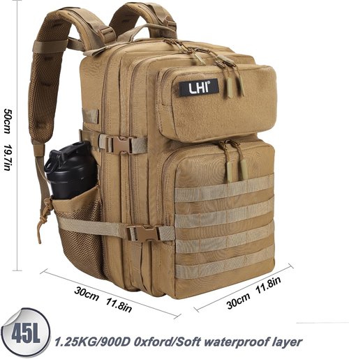 LHI Military Tactical Backpack - 45L Army Assault Pack with Molle System | Unisex Rucksack for 3-Day Trips
