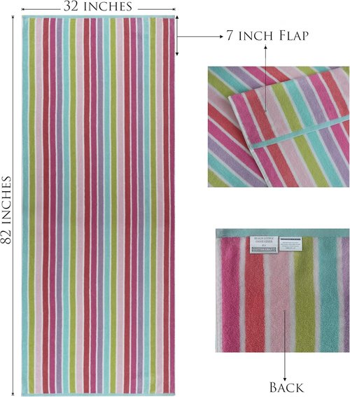 COTTON CRAFT Pool Lounge Chair Cover - Soft 100% Cotton Dobby Terry Stripe - Oversized 32" W x 82" L x 7" Pocket - Pink Multi