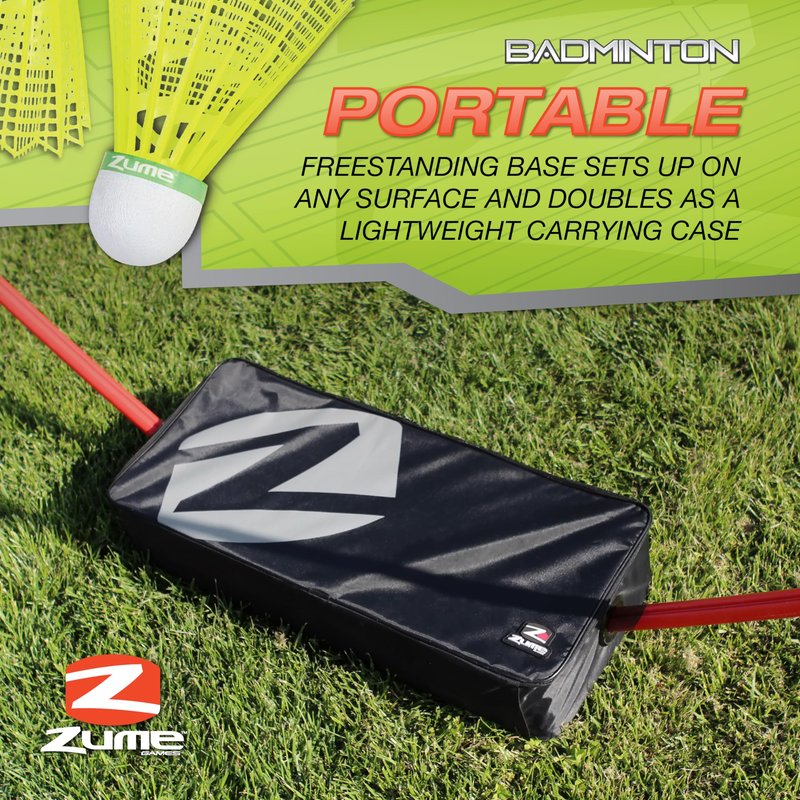 Zume Games Portable Badminton Set – 4 Rackets, 2 Shuttlecocks, Freestanding Net, and Carrying Case – Quick Setup Outdoor Game for Backyard, Beach, Camping, and Family-Friendly Activities