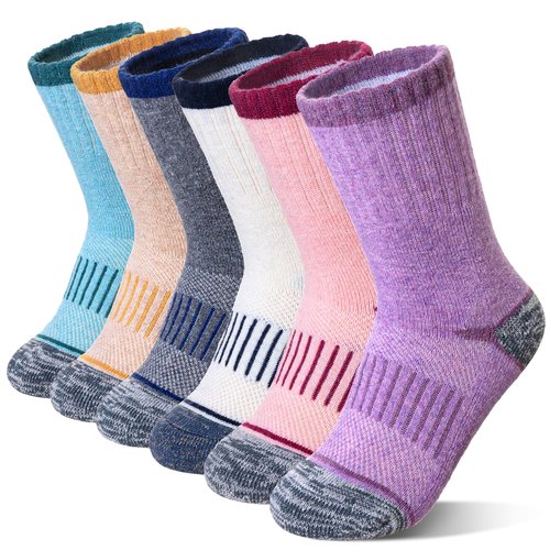 Eocom Kids Merino Wool Hiking Socks Toddlers Boys Girls Thermal Warm Winter Cushion Moisture Wicking Boot Crew Socks 6 Pairs(Assorted Color, 4-7 Years)