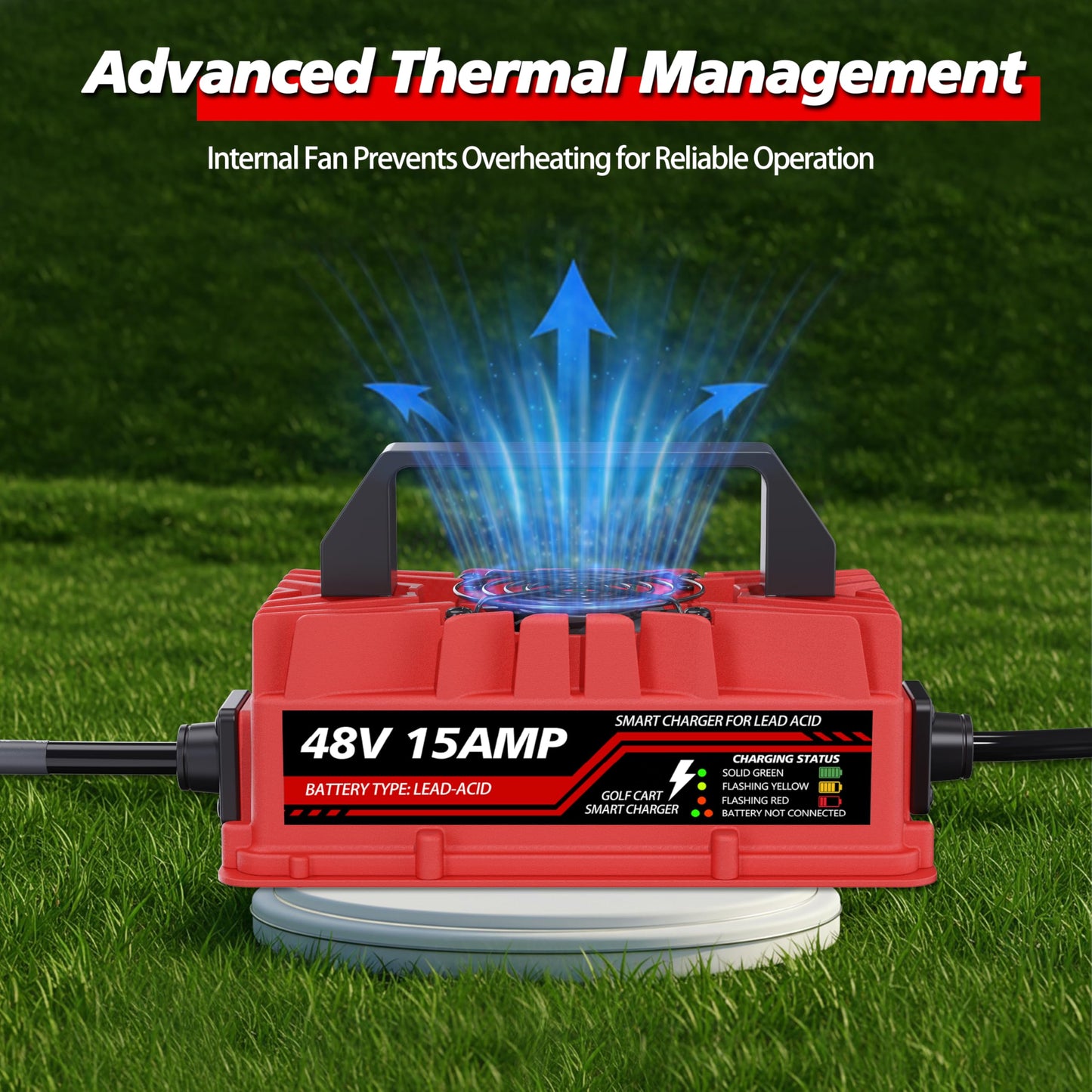 15 Amp 48 Volt Golf Cart Battery Charger for Club Car Precedent & DS - 3-Pin Round Plug, Smart Charger for Lead-Acid Batteries, IP67 Waterproof, Multi-Protection, Unique Design (Red)