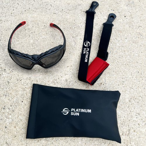 Platinum Sun Polarized Floating Sunglasses Men Women - UV400 Swimming Goggles Men & Women with Anti-Slip Strap & Foam Padding (Black-red)