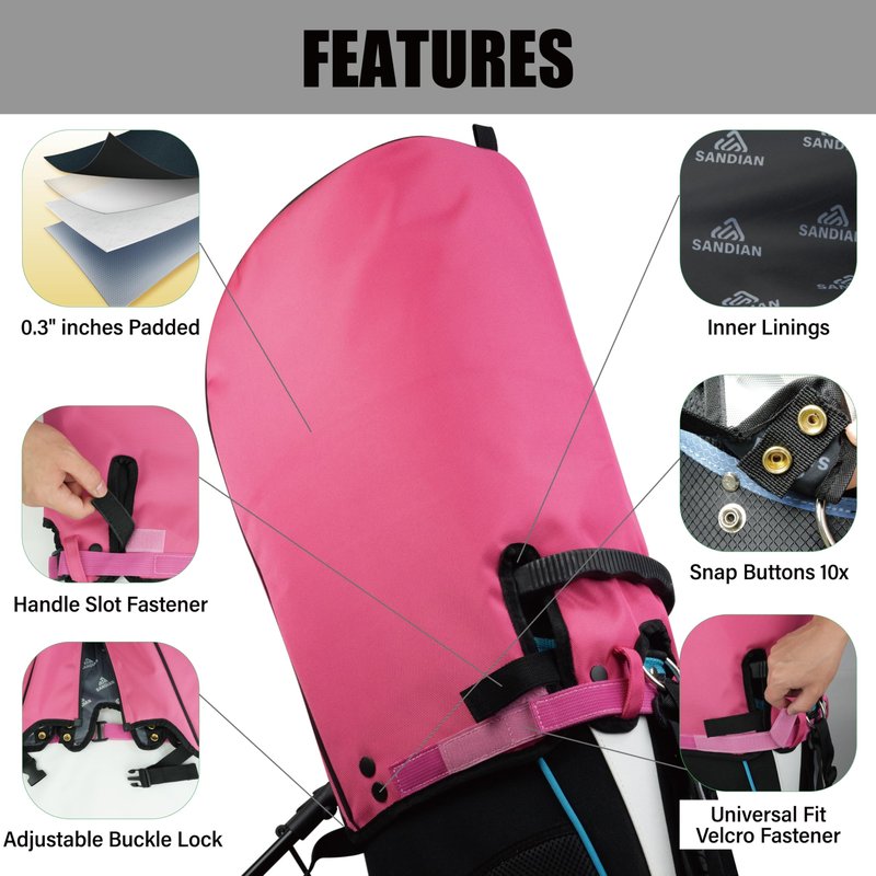 SANDIAN, Pink Color, Golf Bag Rain Hood Cover, Waterproof 1260D Oxford Polyester, 12x20 Inches, Padded Protection, PU Coated, Two Sided Zipper, Adjustable Buckle Lock Fasteners, Snap Button Locking
