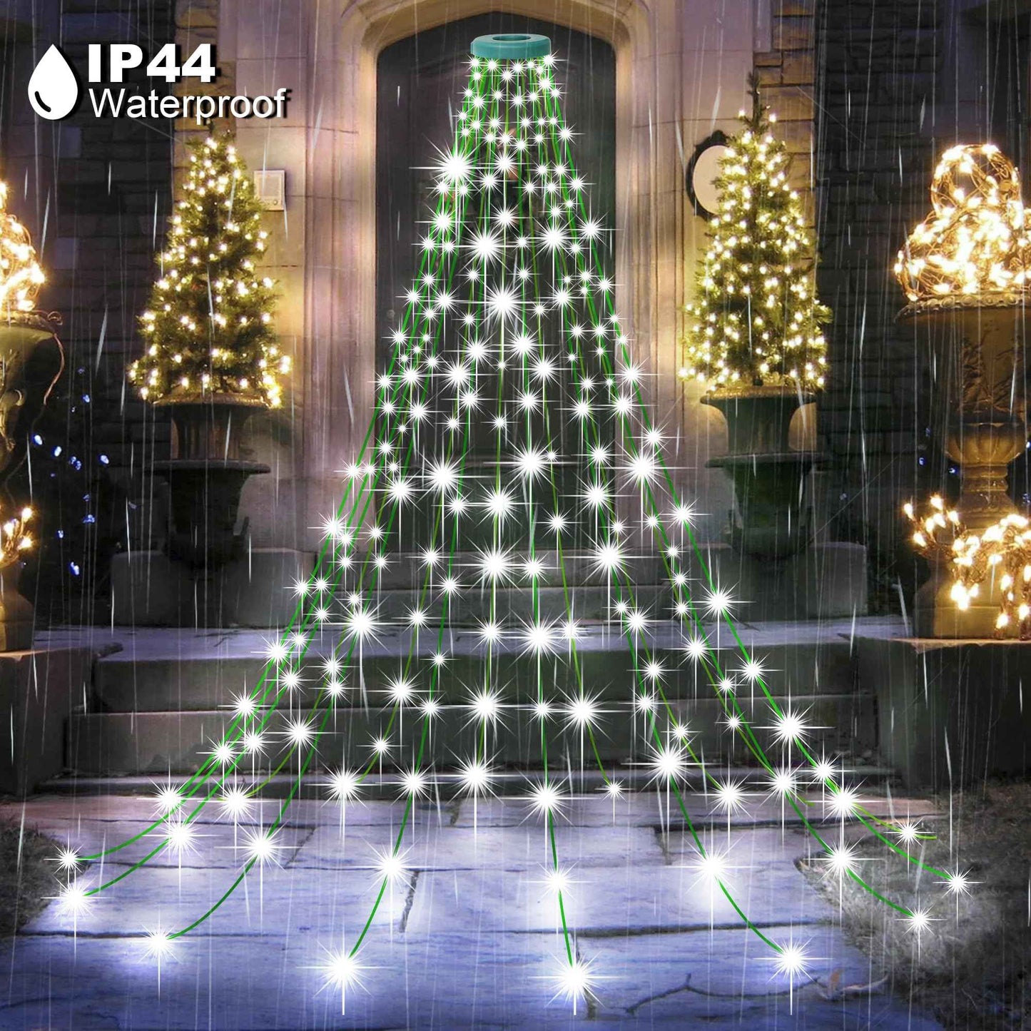 Outdoor 8.1 FT 16 Lines White Christmas Tree Lights with Ring, 448 LED Christmas String Lights with 8 Modes& Timer, Cascading Twinkle Light for Xmas Tree Tent Party Yard Decoration