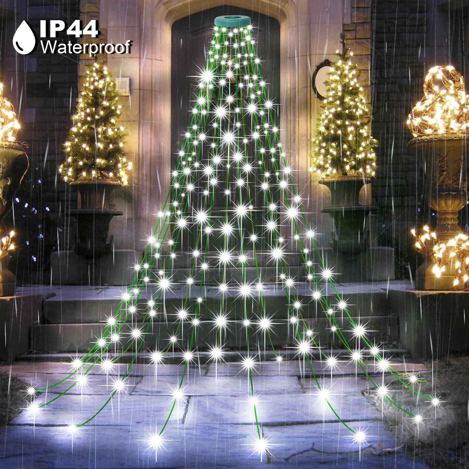 Outdoor 8.1 FT 16 Lines White Christmas Tree Lights with Ring, 448 LED Christmas String Lights with 8 Modes& Timer, Cascading Twinkle Light for Xmas Tree Tent Party Yard Decoration