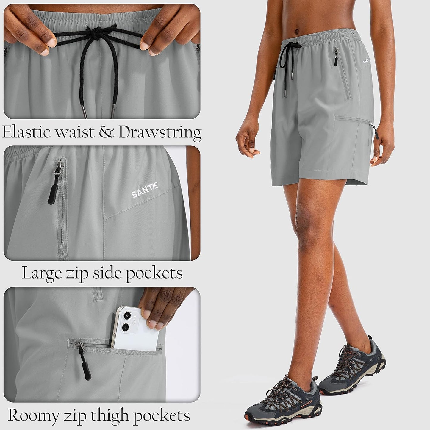 SANTINY Women's Hiking Cargo Shorts - Quick Dry, Lightweight Summer Athletic Shorts with Zipper Pockets | 5''/7''/9'' Sizes