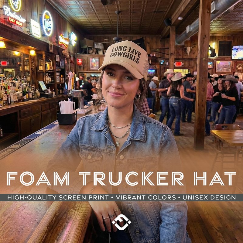 Funky Junque Foam Trucker Hat – Funny Mesh Back Baseball Cap for Men & Women, Cowboy Chic Party Hat, Trendy Womens Trucker Hats - Long Live Cowgirls (Khaki)
