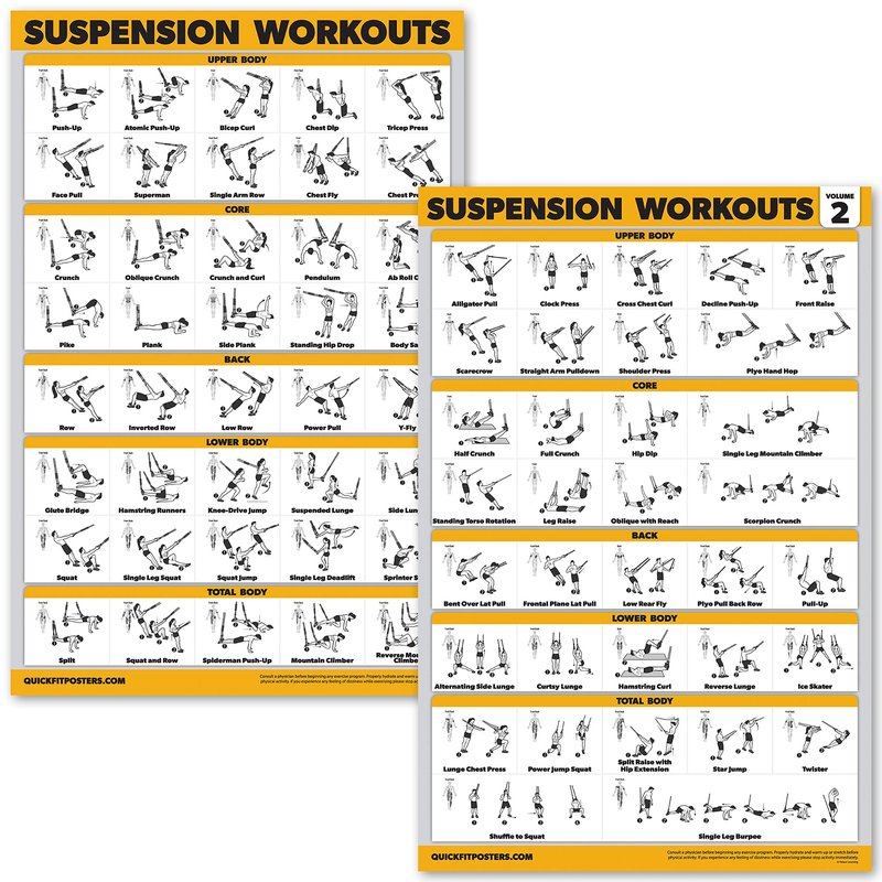 10 Pack - Exercise Workout Poster Set - Suspension Volume 1 & 2, Dumbbell, Kettlebell, Resistance Bands, Stretching, Bodyweight, Barbell, Yoga Poses, Exercise Ball (PAPER - NOT LAMINATED 18" x 24")