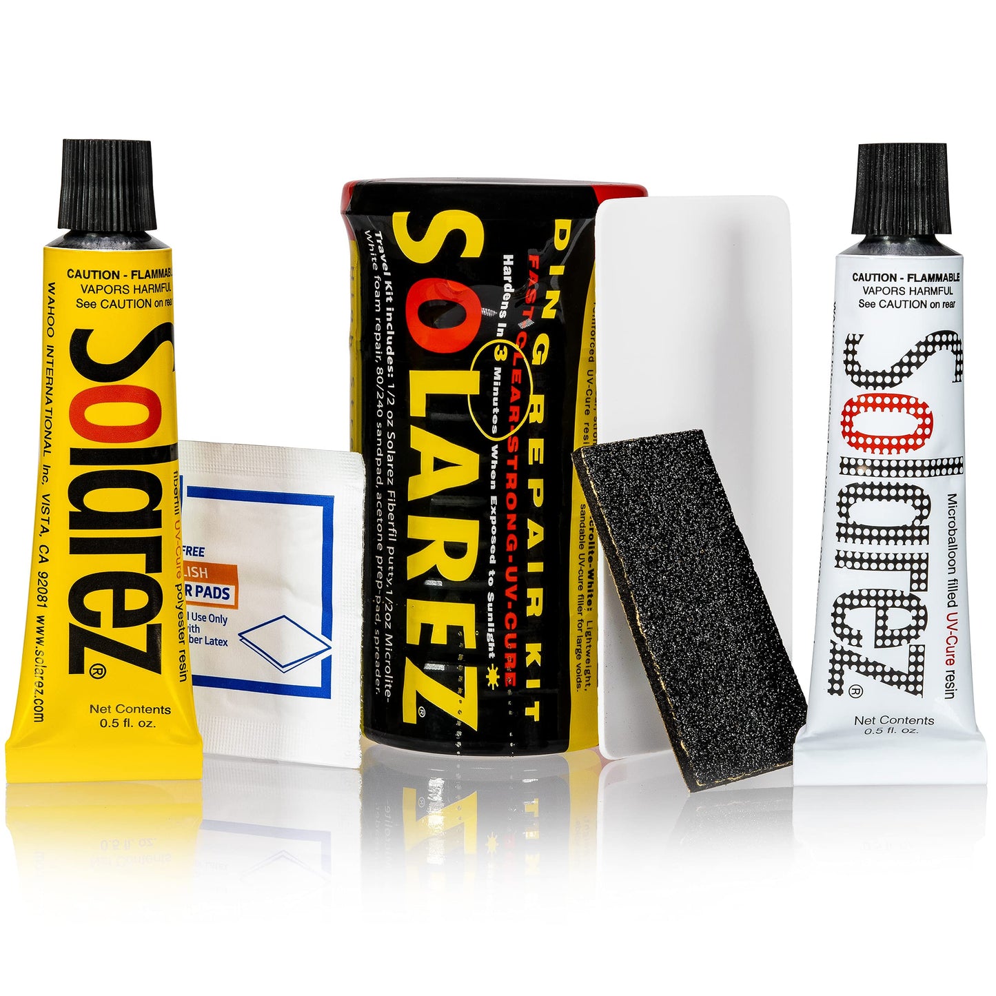 Solarez Polyester Mini Travel Kit ~ Surfboard Ding Repair - Paddle Board Wakeboard Repair ~ Kit Includes: Poly and Microlite Fast Cure Resins, Sanding Pad, Spreader, Alcohol Pad, in Watertight Capsule