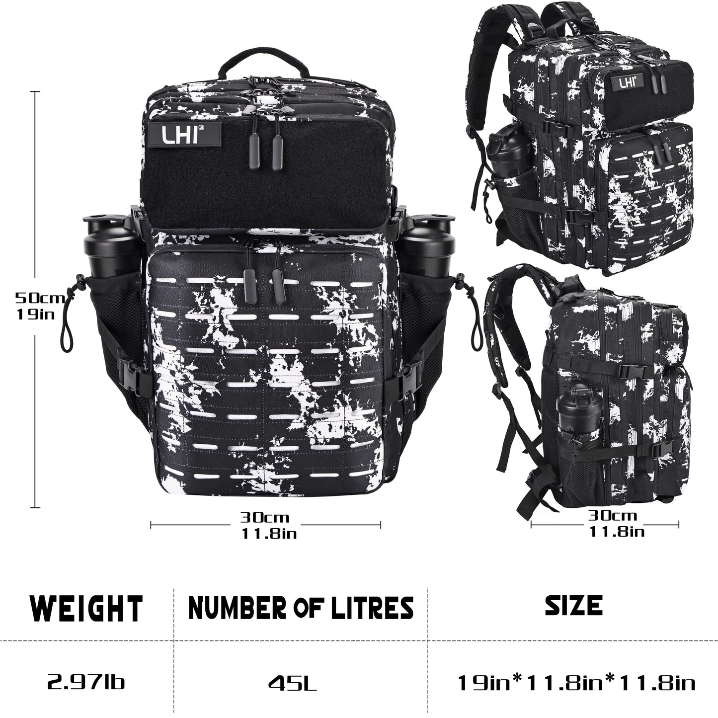 LHI Tactical Military Backpack for Men and Women 45L Large Molle Army Assault Pack 3 Day Travel Backpacks - Black lightning