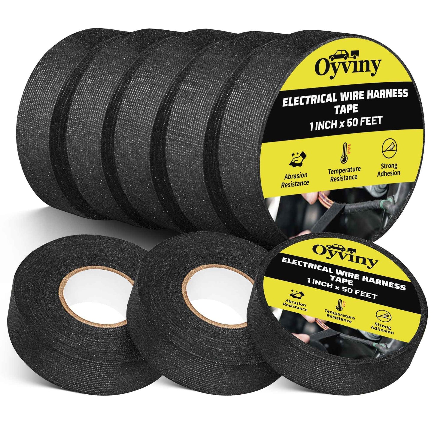 Oyviny 8 Rolls Automotive Wire Harness Cloth Tape 1 Inch x 50 Feet High Temp Self-Adhesive Noise Dampening Electrical Cloth Tape for Car Engine Wire Wrapping Protection Insulation