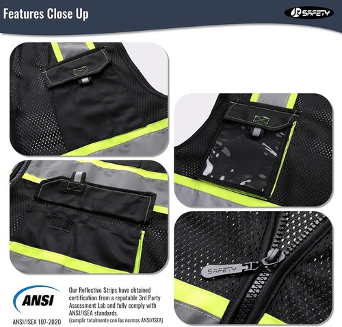 JKSafety Hi-Vis Reflective Safety Vests - High Visibility Mesh Vest with Pockets | Neon Black (L)