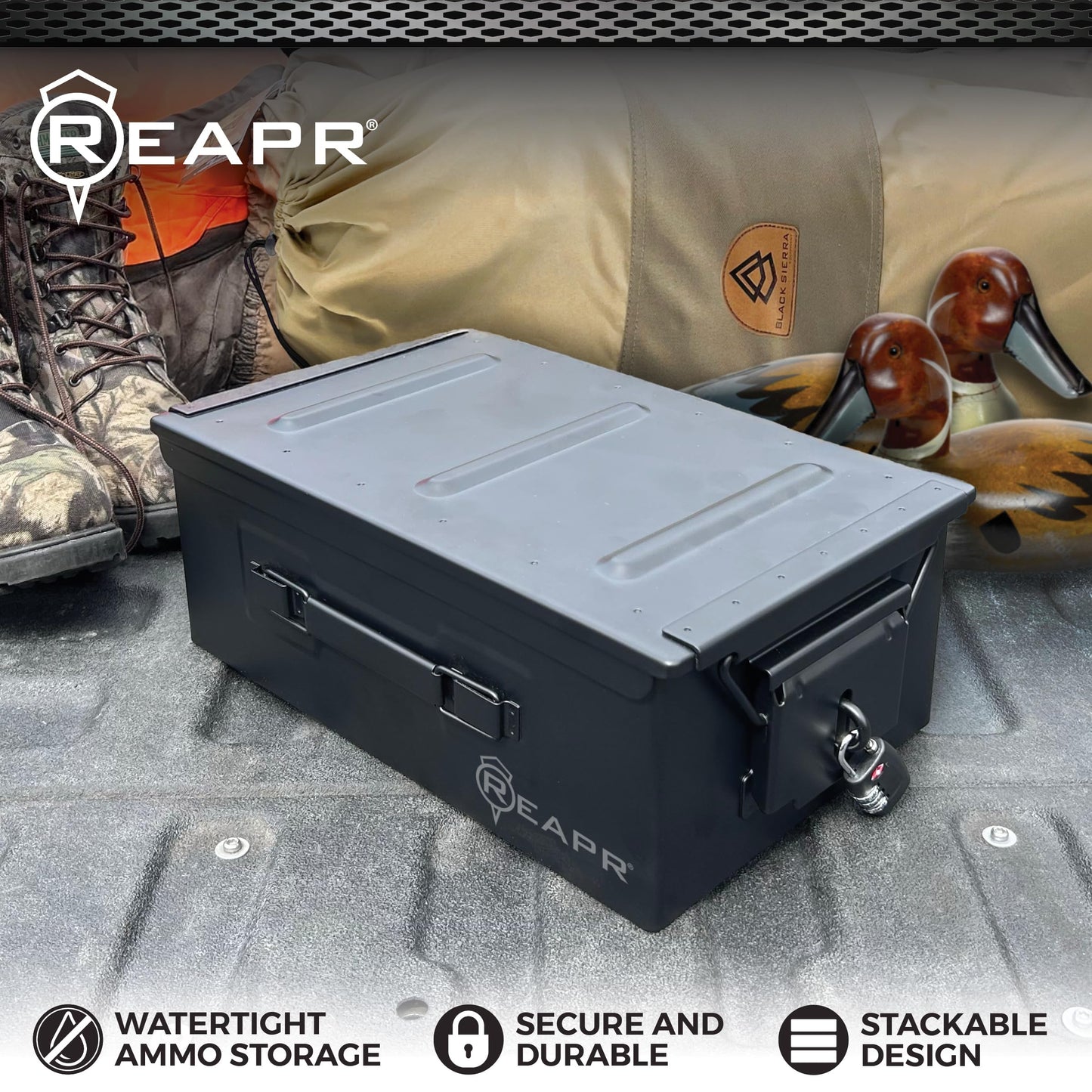 Reapr Steel Ammo Can, Heavy Duty Locking Metal Ammo Storage Box, Airtight and Watertight 30 Cal or 50 Cal Case for Rifle, Shotgun, Pistol, Military Footlocker Style Tool and Gear Organizer