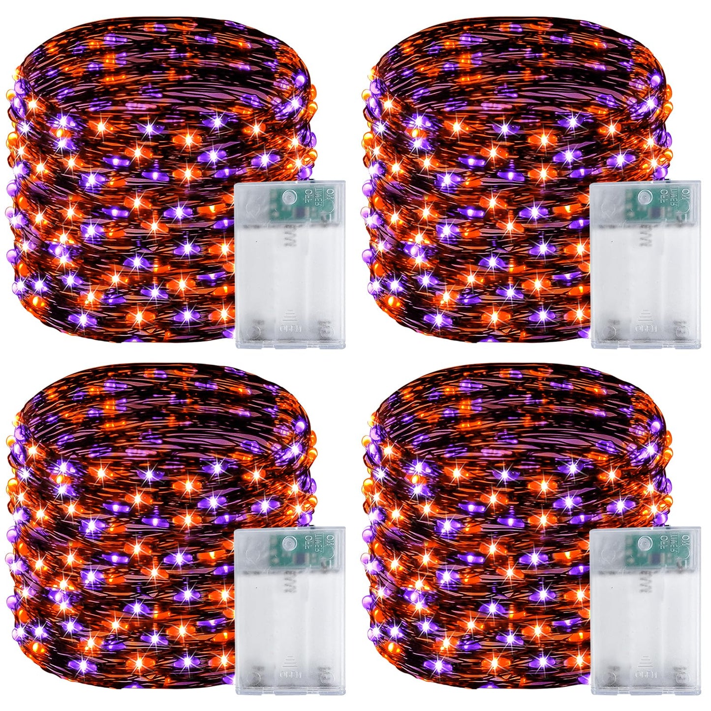4 Pack 60LED Orange & Purple Fairy Lights Battery Operated with Timer, 20FT Waterproof Halloween Lights Outdoor Indoor, Black Wire String Lights for Bedroom, Party, Centerpiece, Halloween Decorations