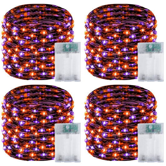 4 Pack 60LED Orange & Purple Fairy Lights Battery Operated with Timer, 20FT Waterproof Halloween Lights Outdoor Indoor, Black Wire String Lights for Bedroom, Party, Centerpiece, Halloween Decorations