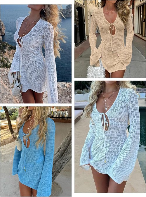 ANRABESS Swimsuit Cover-Up - Crochet V-Neck Mesh Knit Dress for Women | Summer Beach Vacation Wear