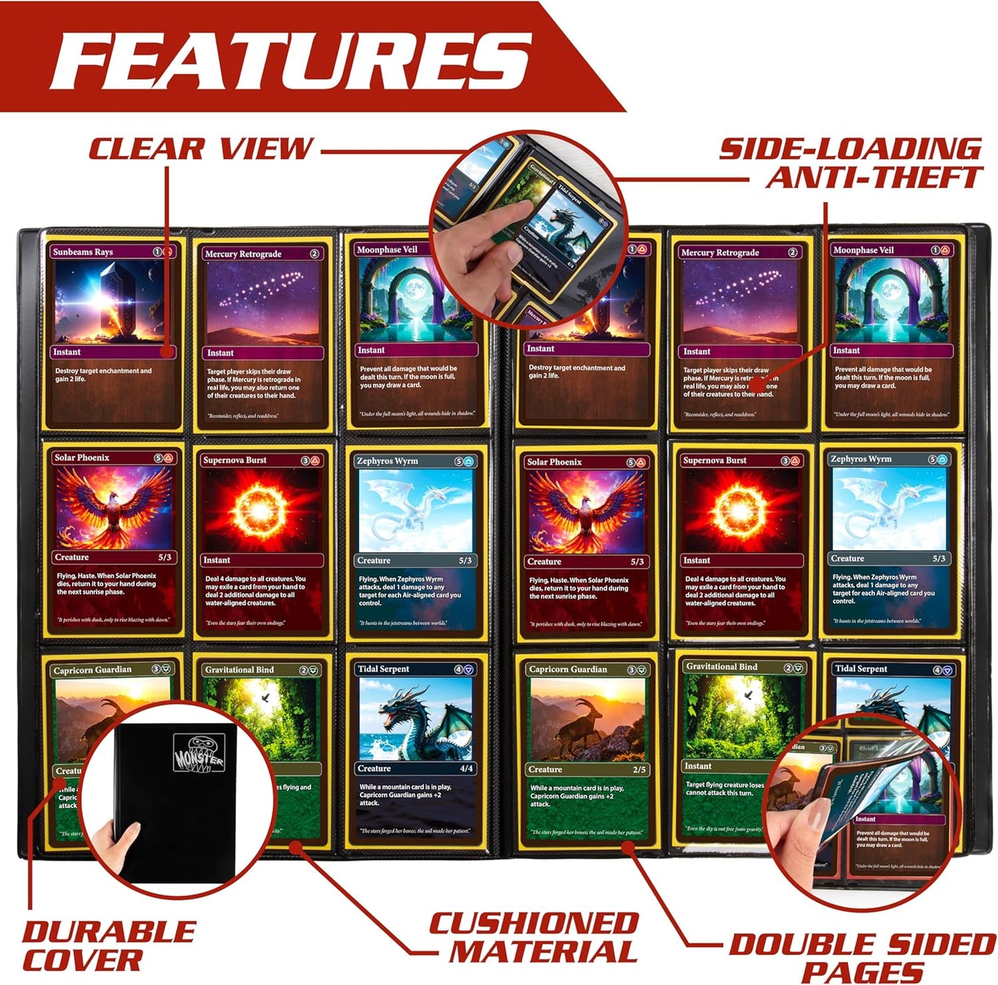 Skiennix 9 Pocket Trading Card Binder - Matte Black Album with Side Loading Pockets | Anti-Theft Organizer for 360 Cards - Compatible with Pokémon, Yu-Gi-Oh!, MTG Magic The Gathering
