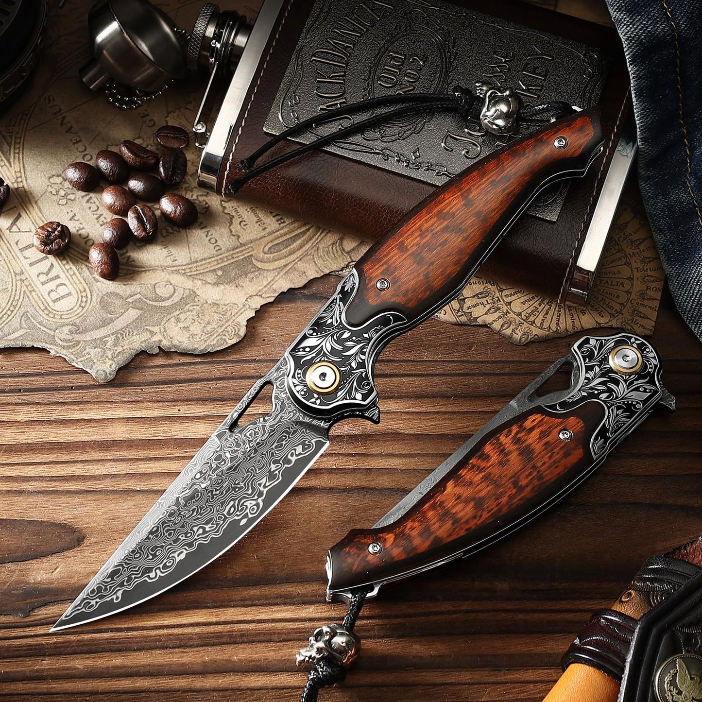 Handmade Men's and Women's EDC Pocket Knife，Damascus Steel Folding Knife，Features a leather sheath and pocket clip.Non-slip wooden handle，For mountaineering trips, outdoor adventures, and jungle camping