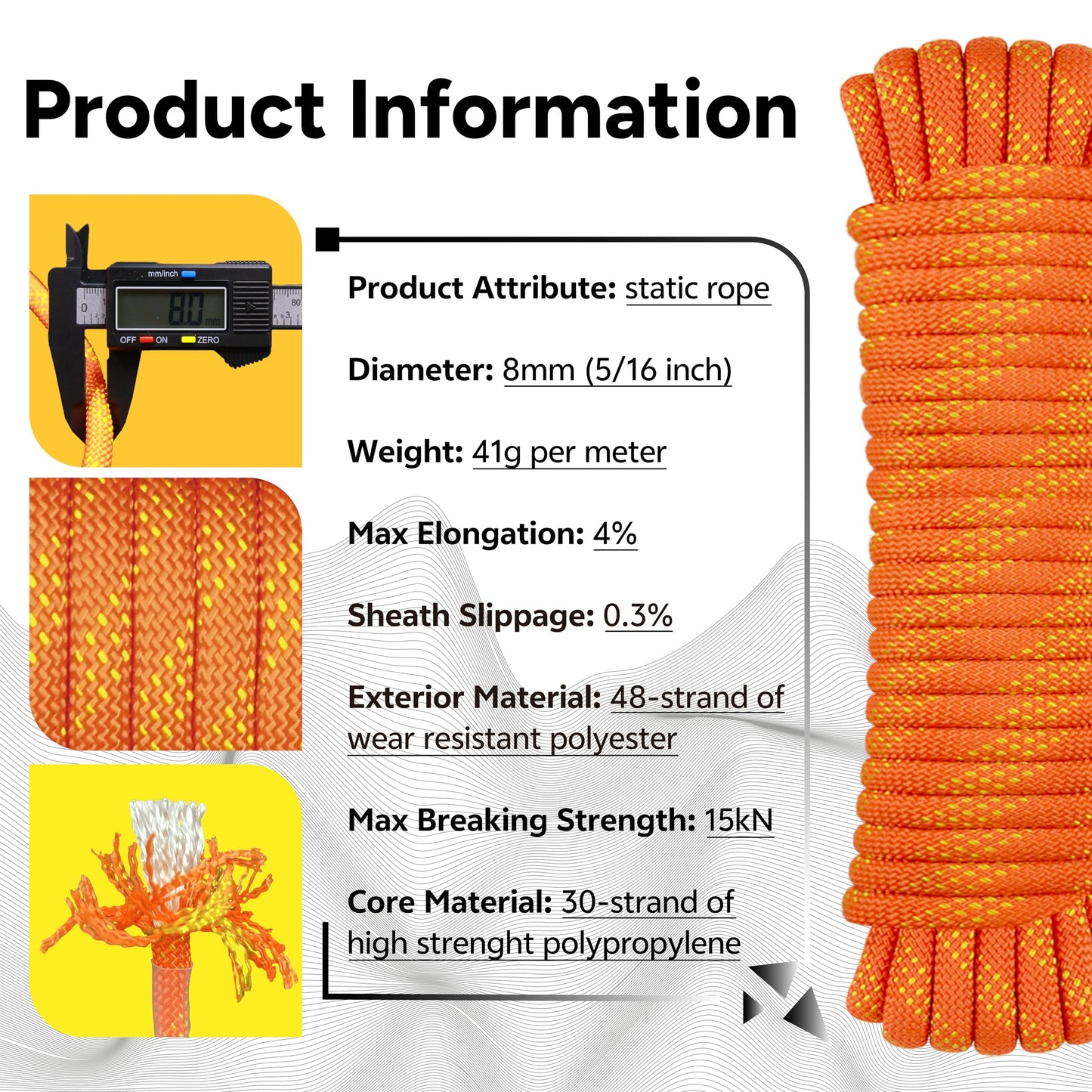 WISEROOT 8mm Static Climbing Rope: Heavy Duty Outdoor Rock Climbing Rope for Arborist Tree Work, Rescue, Camping & Hiking, (10m/32ft, 20m/64ft, 30m/96ft) Orange/Black (Orange, 32 Feet)