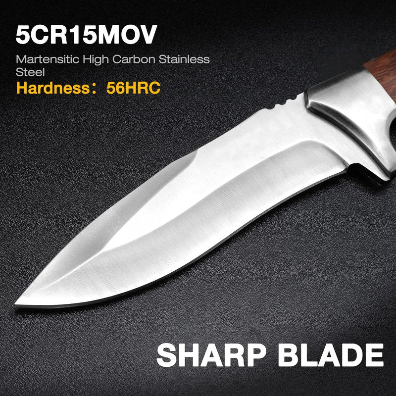 Flissa Fixed Blade Knife with Sheath, 9.8'' Full Tang Hunting Knife with High Carbon Steel Blade, Non-Slip Rose Wooden Handle, Lanyard Hole, Camping Knives for Hiking, Outdoor, Hunting, Survival, Camping