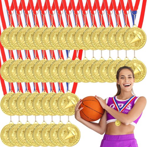 Huquary 48 Pcs Cheer Award Medals Bulk with Neck Ribbons Cheerleading Trophy Awards Prizes Baseball Football Volleyball Basketball Gold Award Medals for Sports Winner Gift