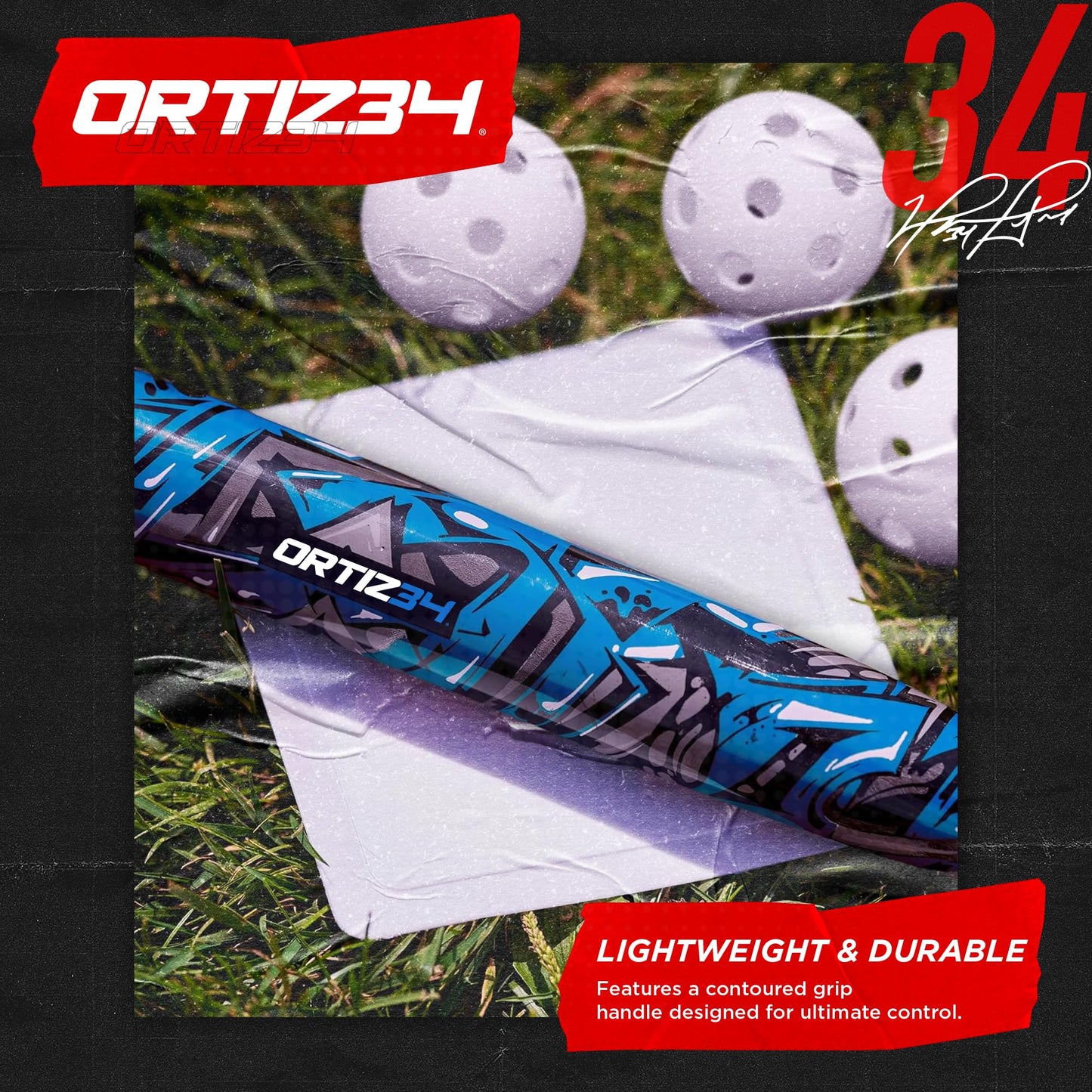 Ortiz34 Bat & Ball Set - Graffiti Plastic Bat & Ball Homerun Set- David Ortiz Backyard Baseball Set for Youth, Kids, Teenagers, Adults (2 Pack Bat & Ball Set, Blue/Volt)