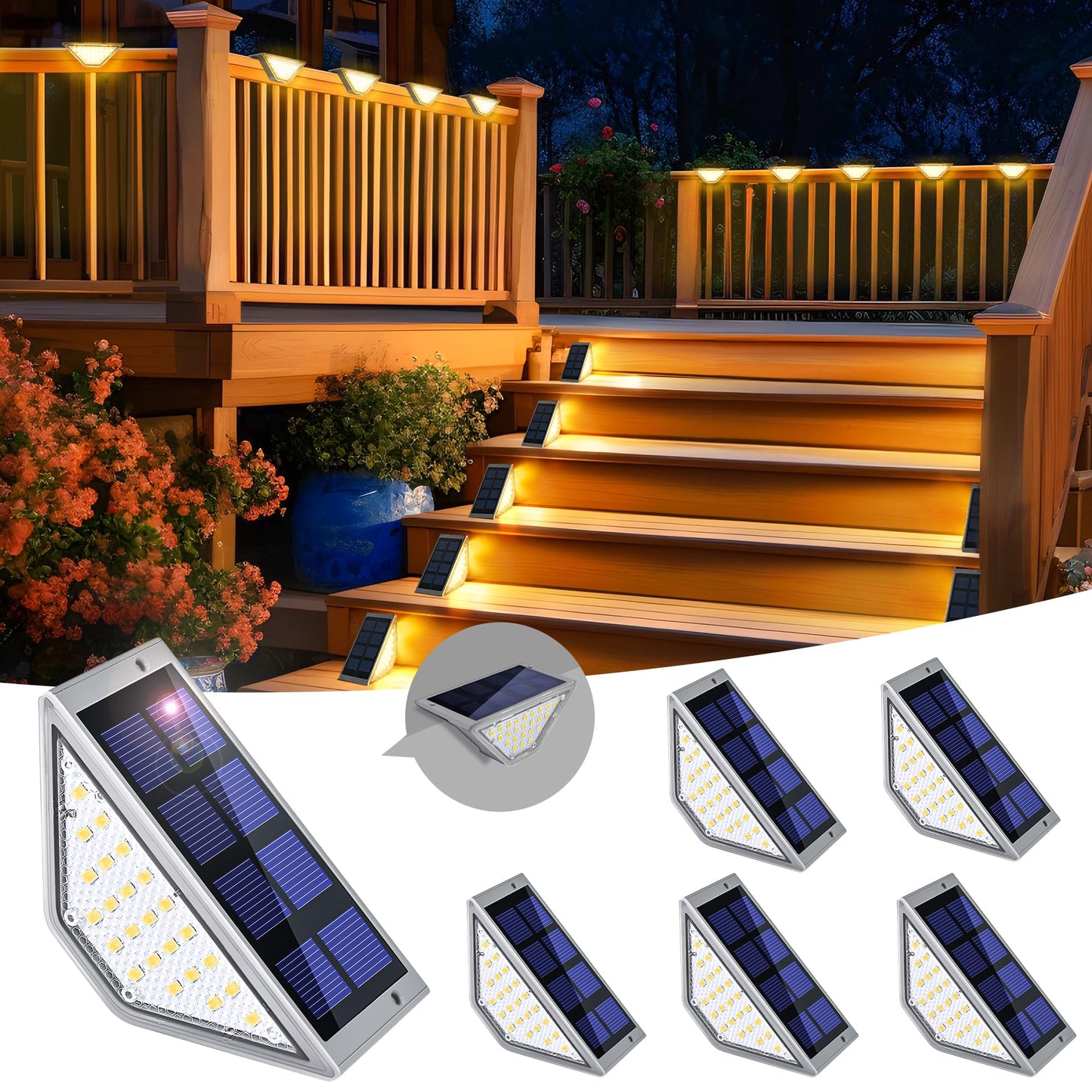 SOLPEX Solar Stair Lights for Outside,24 LEDs Solar Step Lights Outdoor Waterproof Decor for Stair, Step, Deck, Fence, Balcony, Patio, Wall, Yard, Garden (6 Pack, Gray Shell&Warm White)