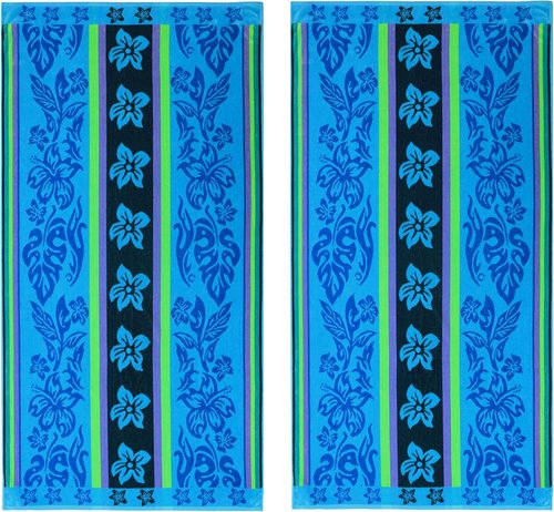COTTON CRAFT Oversized Beach Towel - 2 Pack XL 39 x 68 Inches - Super Soft 100% Cotton Jacquard Velour - Tropical Hibiscus Aqua Blue & Purple