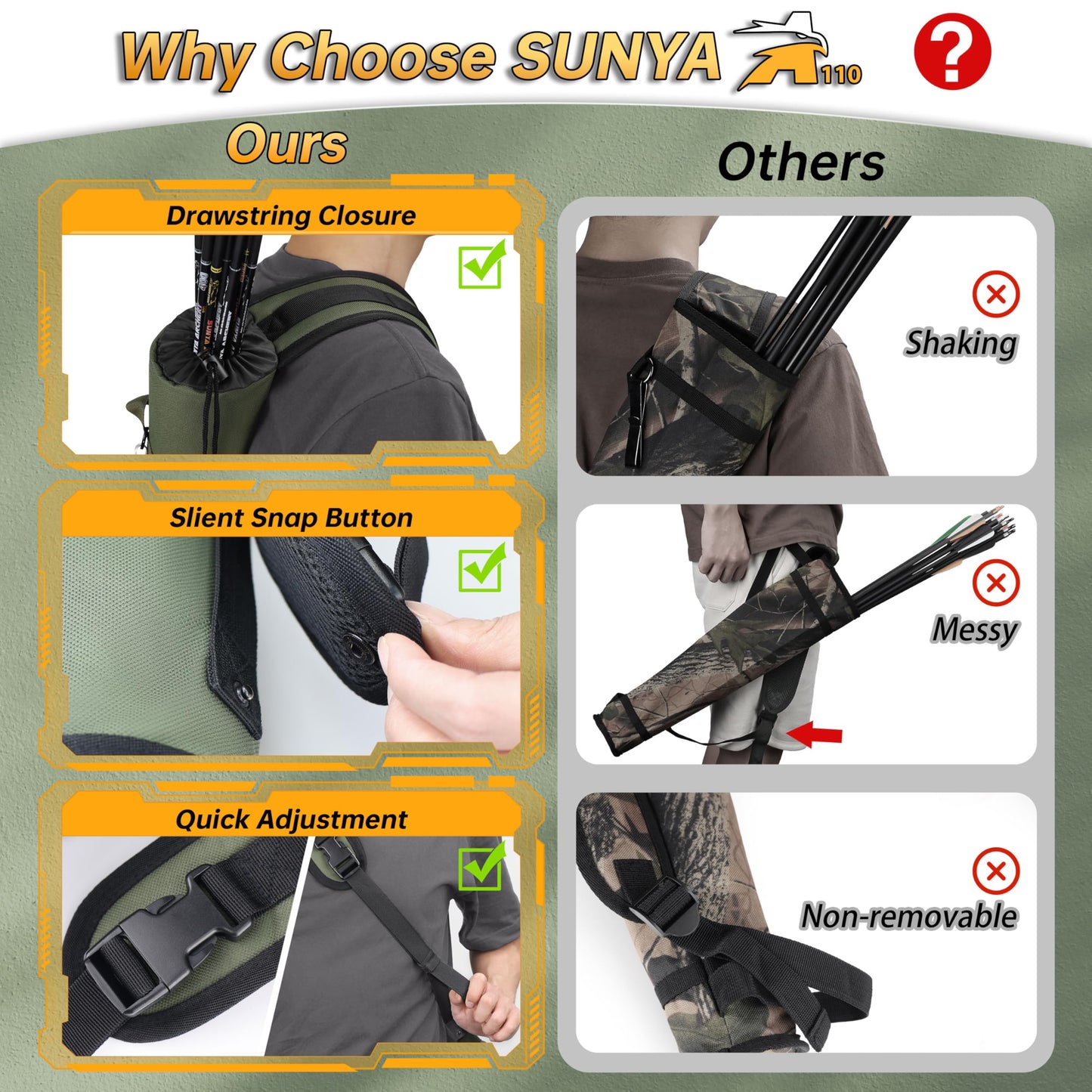 SUNYA Archery Arrow Quiver, Hip and Back Dual Carry Modes, Adjustable Quick-Detach Silent Buckle, Foldable Lightweight 200g, Noise Reduction Drawstring Closure