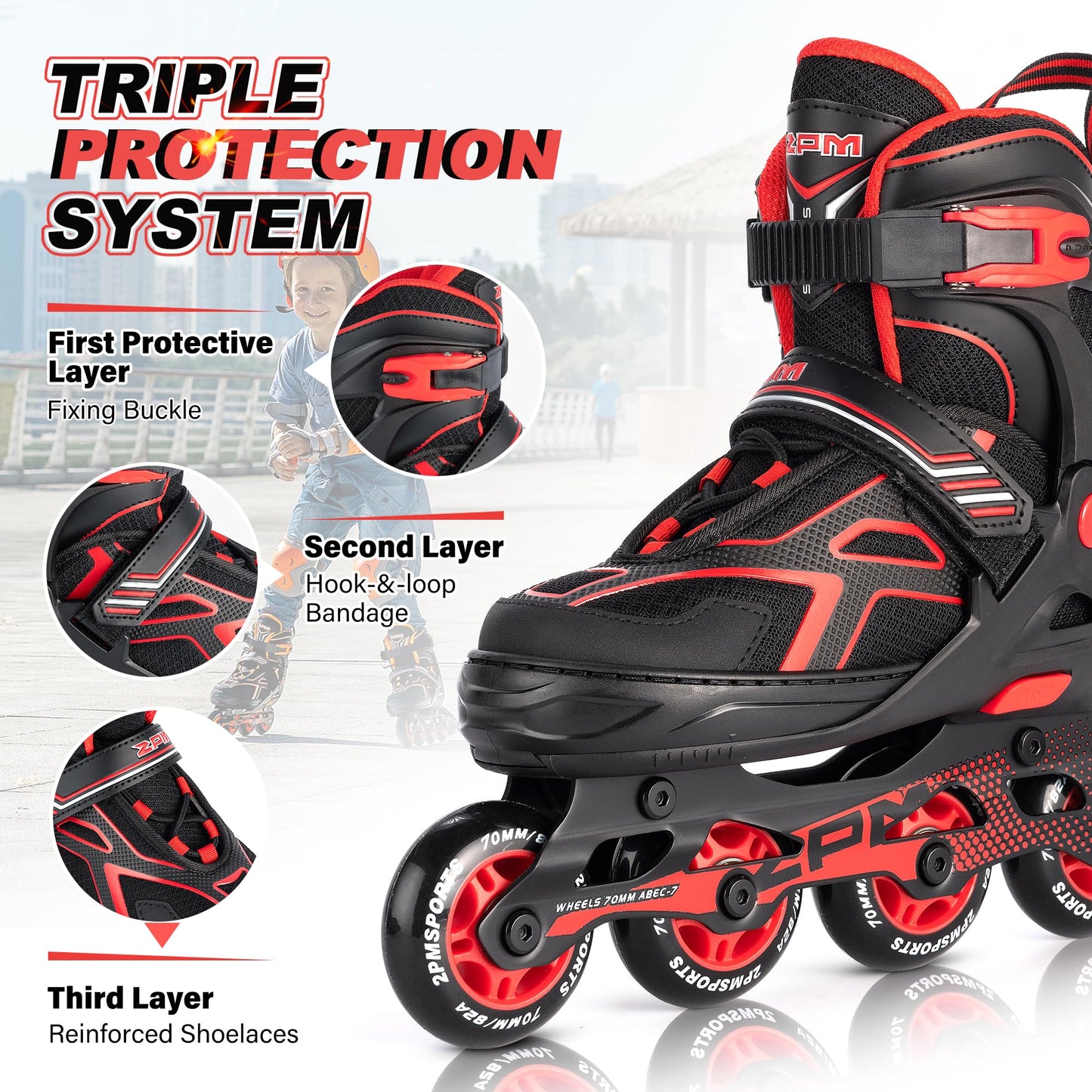 2PM SPORTS Torinx Green Boys Adjustable Inline Skates, Fun Beginner Roller Skates for Kids, Youth, Girls, Men and Women (Red, Medium - Big Kid (1-4 US))