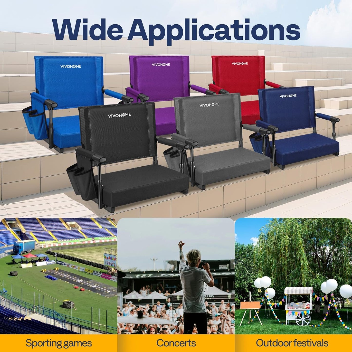 VIVOHOME Portable Stadium Seat - Comfortable Bleacher Chair with Back Support & Cup Holder | Black