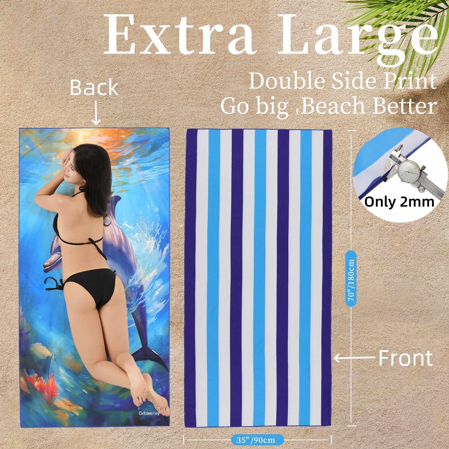 Cxtoweley Microfiber Extra Large, Oversized Blue White Striped Beach Towels (70''x35''),Soft&Lightweight 2 Pack XL Quick Dry Cute Dolphin Towel for Adults & Women，Sand Free for Pool,Spa,Swim,Travel
