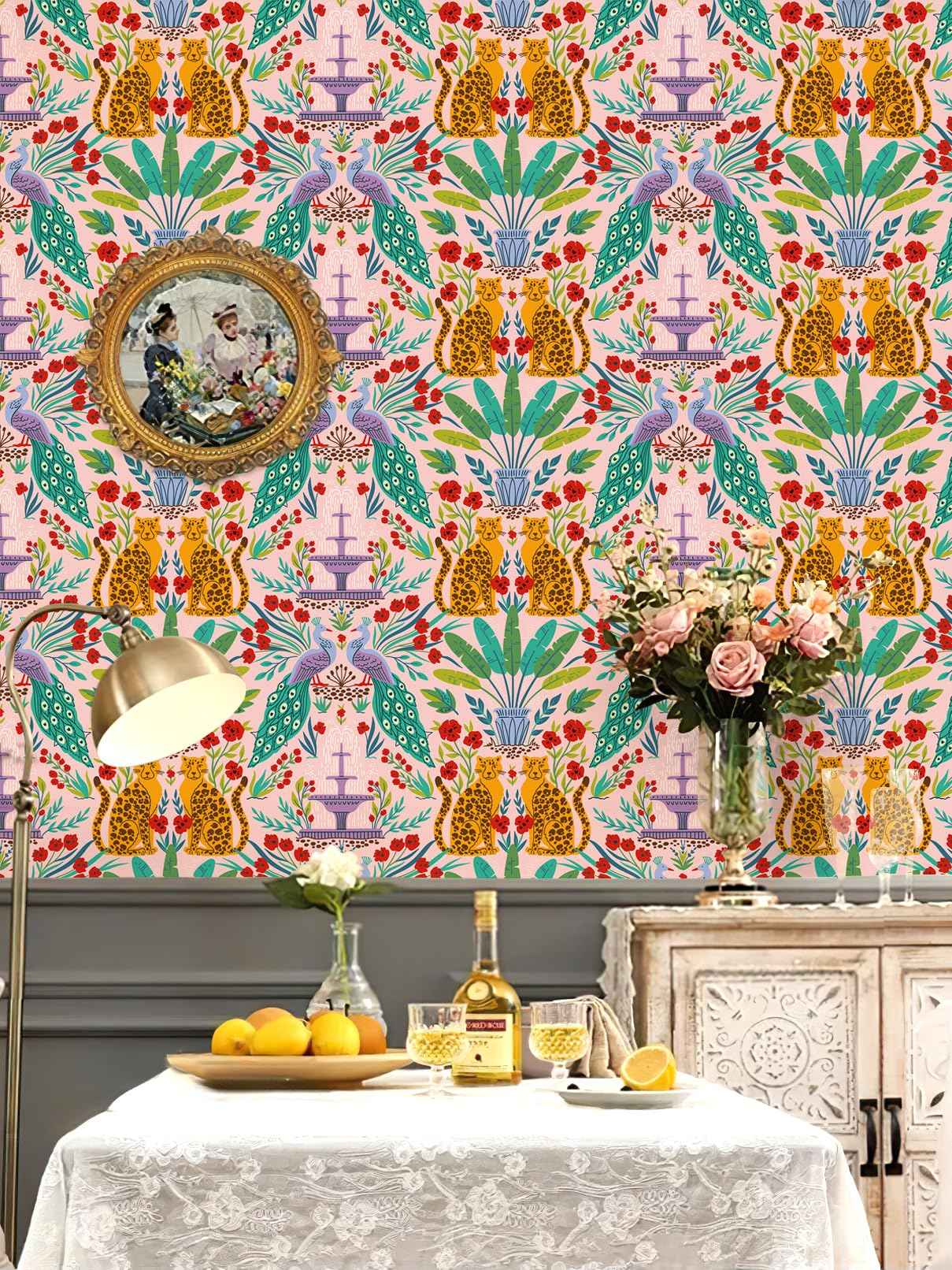 Luvdecor Wallpaper Peel and Stick Leopard Jungle Animal Wallpaper for Renter Removable Boho Leaf Wallpapers for Bathroom Self Adhesive Contact Paper for Cabinets 17.5 x 118 in