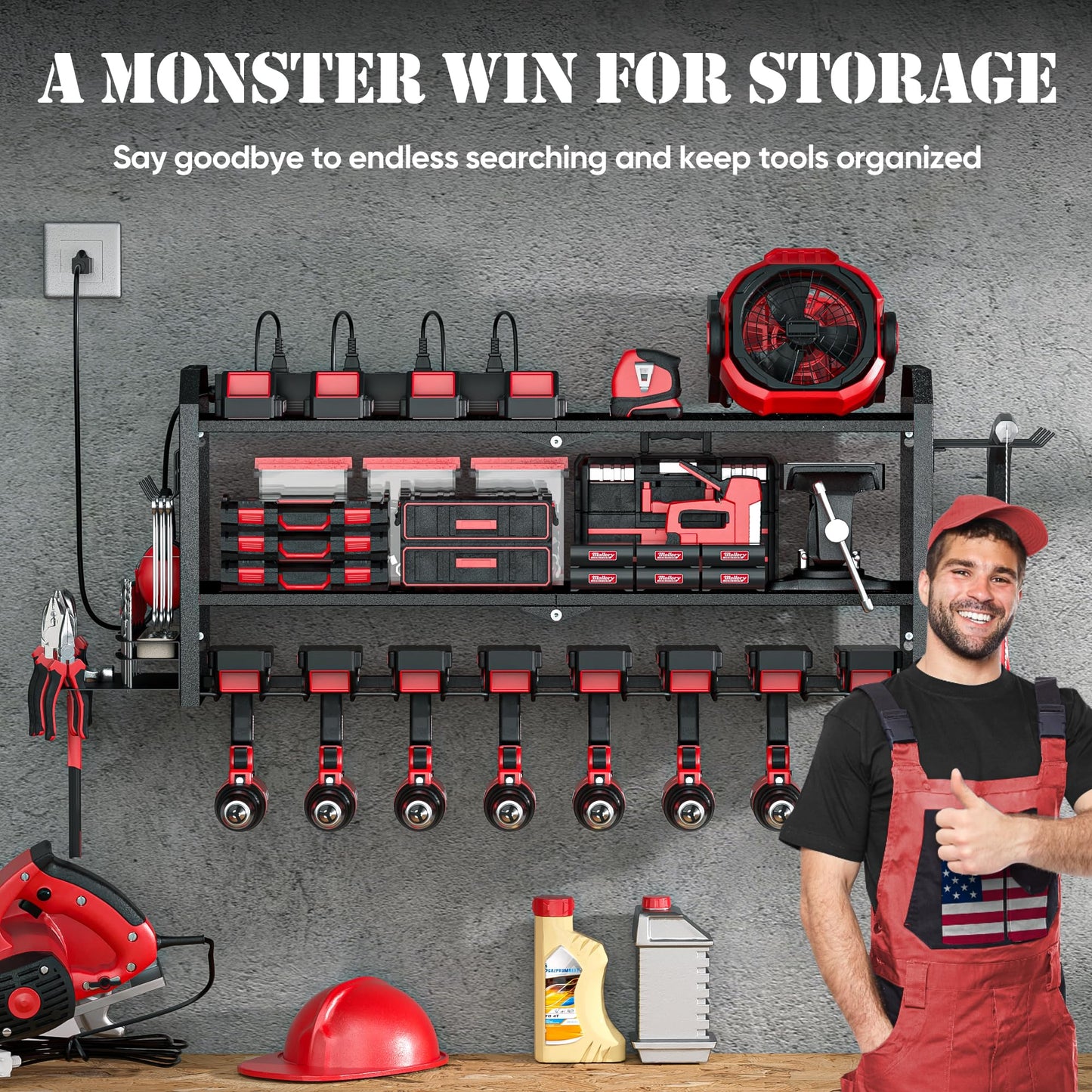 Power Tool Organizer with Charging Station Wall Mount, Built in 8 Outlet Surge Protection Power Strip, Drill Holder Wall Mount, Heavy Duty Metal Power Tool Storage Rack for Garage Organization Black